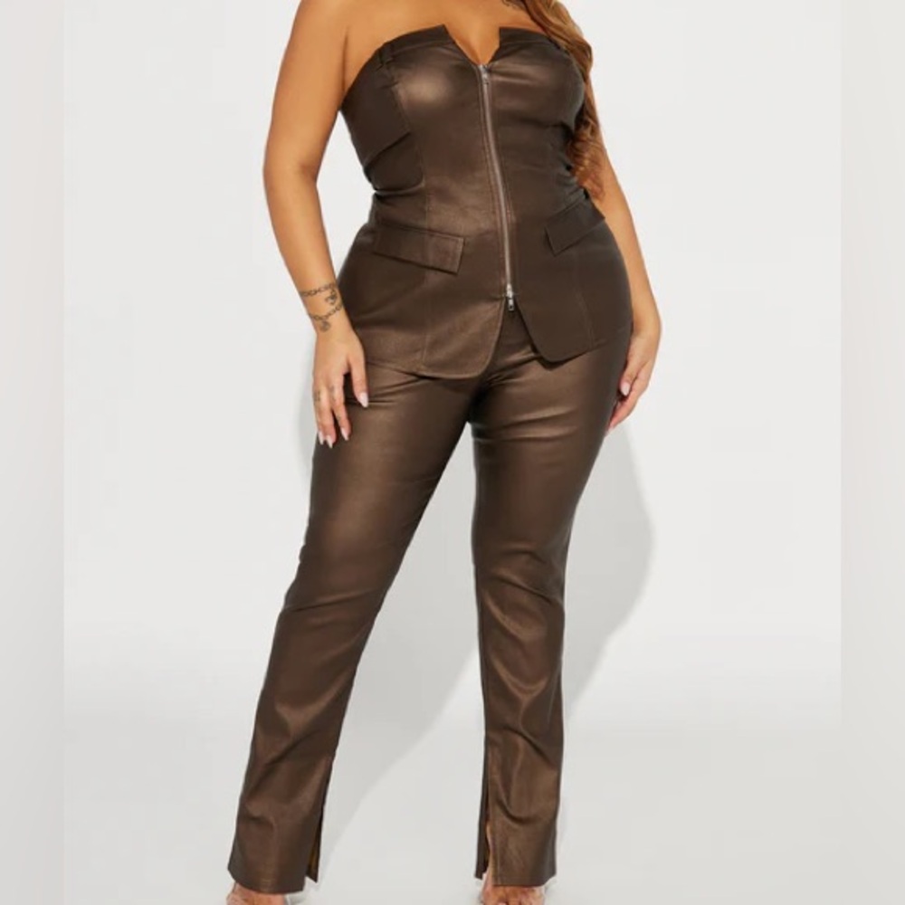 Brown Faux Leather Pants Set (Shirt & Pants) NEW with Tag